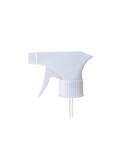 28-410 White Plastic Ribbed Skirt Trigger Sprayer with On/Off Nozzle and 9-inch Dip Tube